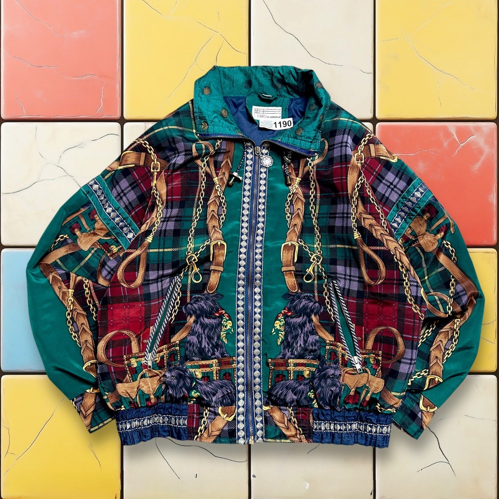 Vintage Milano Scottish Windbreaker Jacket 80s Womens M Plaid Dog Fullzip Bomber